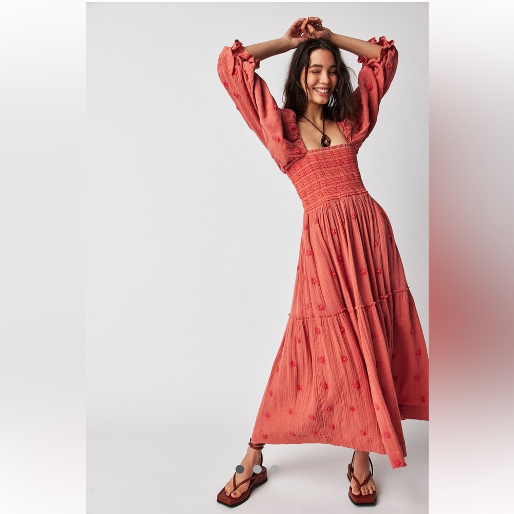 Free People Dahlia Embroidered Maxi Dress Melon Combo